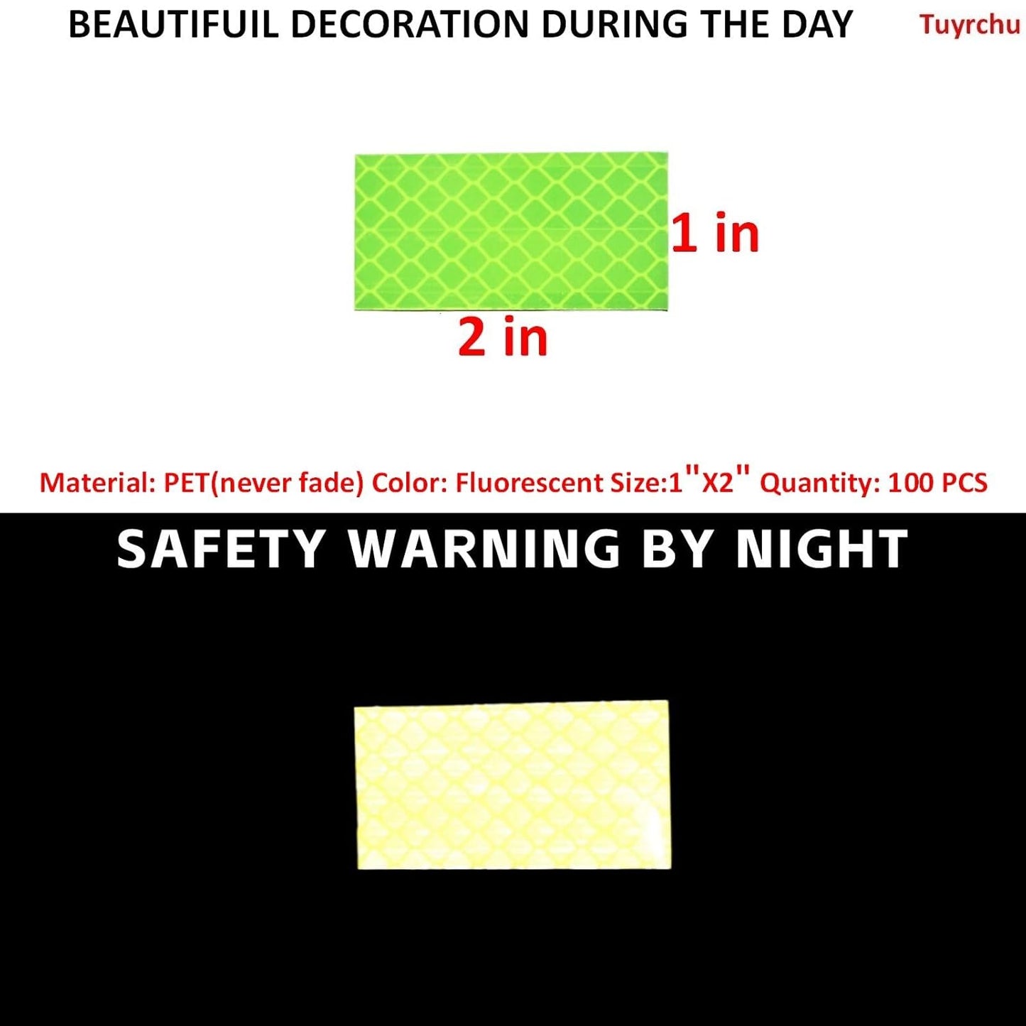 Non Fading Fluorescent Yellow Reflective Stickers 1 inch X 2 inch, Outdoor Waterproof High Visibility Safety Adhesive Reflector (100 Pcs)