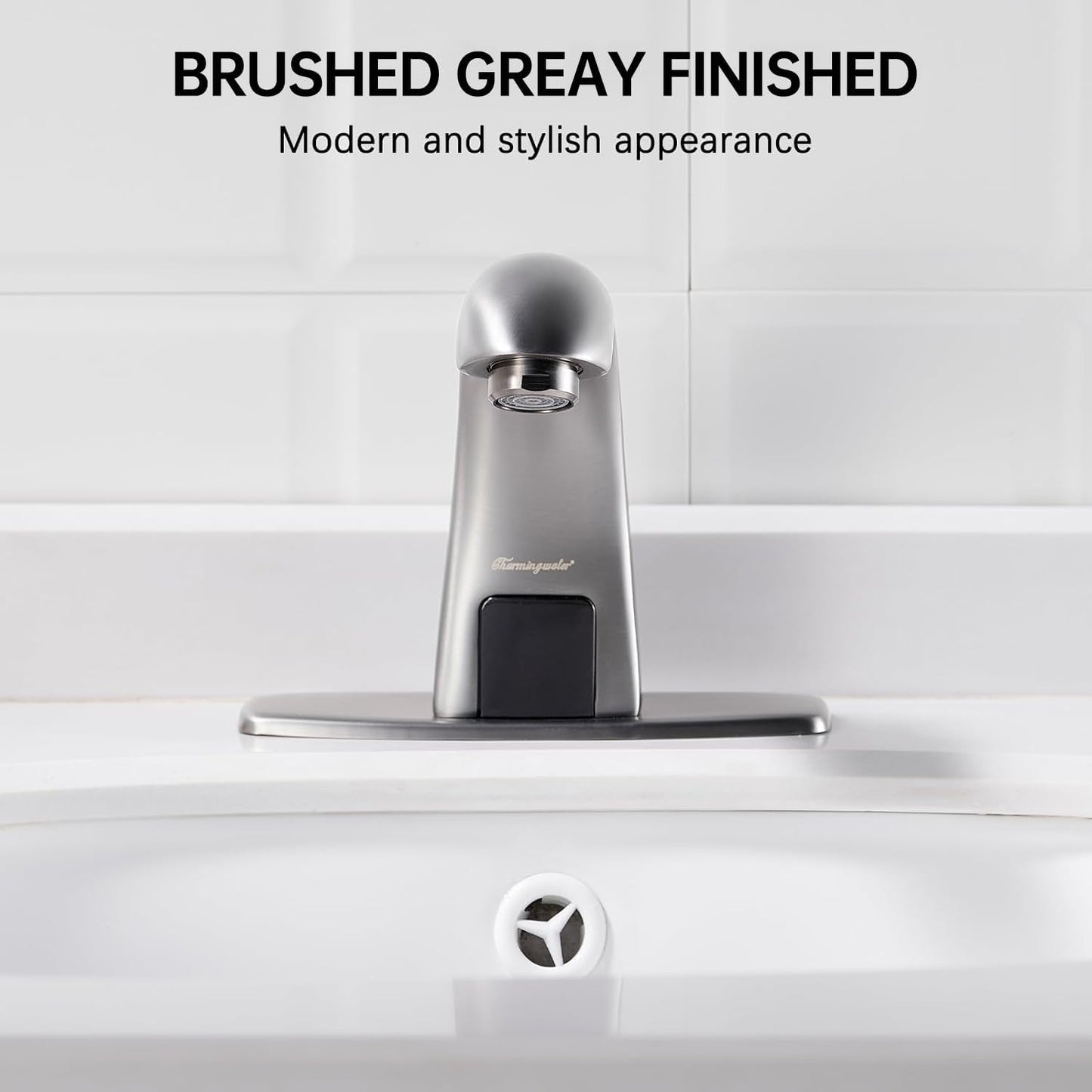 Charmingwater Touchless Bathroom Sink Faucet, Motion Automatic Sensor Faucet with Hole Cover Plate, Brushed Grey