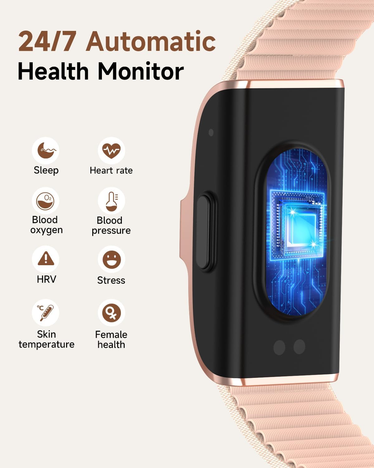 Health Fitness Tracker, Wearable Activity Step Tracker for Men Women, Continuous Sleep/ Heart Rate/ SpO2/ Stress/ Blood Pressure Monitor, IP68 Multiple Sports Modes Watch, Free App for Android iPhone