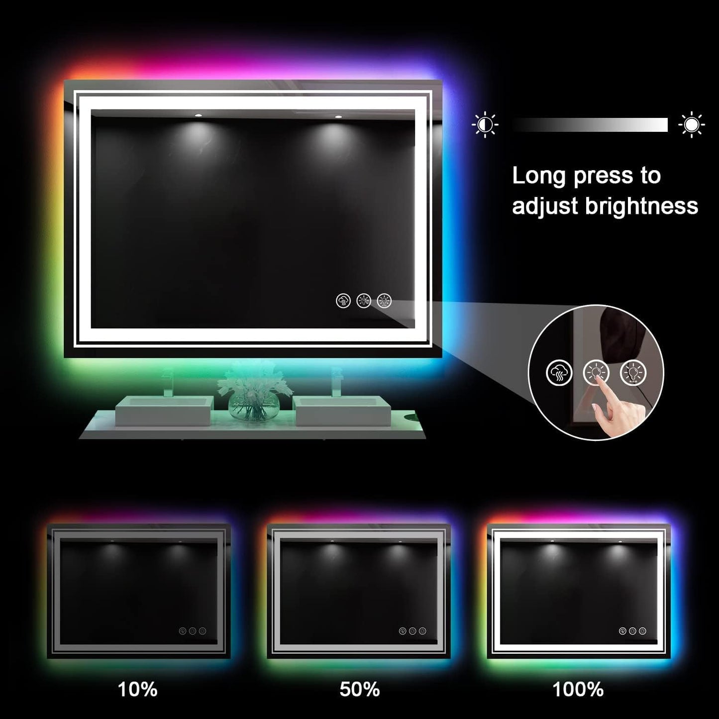 LED Mirror for Bathroom, 40"X30" with 8 RGB Backlit +3 Front Lit (Adjustable Individually), Anti-Fog, Lighted Bathroom Vanity Mirror for Wall, Shatterproof, Memory Function, Tempered Glass