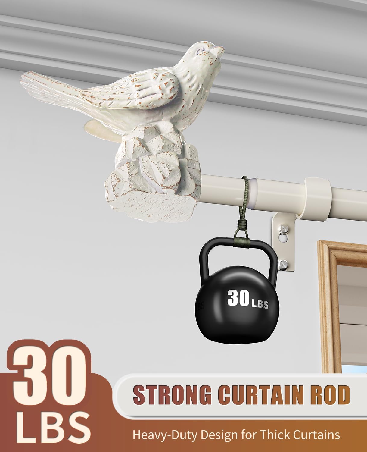 White Curtain Rod 36 to 144 Inches Curtain Rods for Windows Adjustable Heavy Duty Drapery Rod with Bird Finials for Kitchen Window Living Room