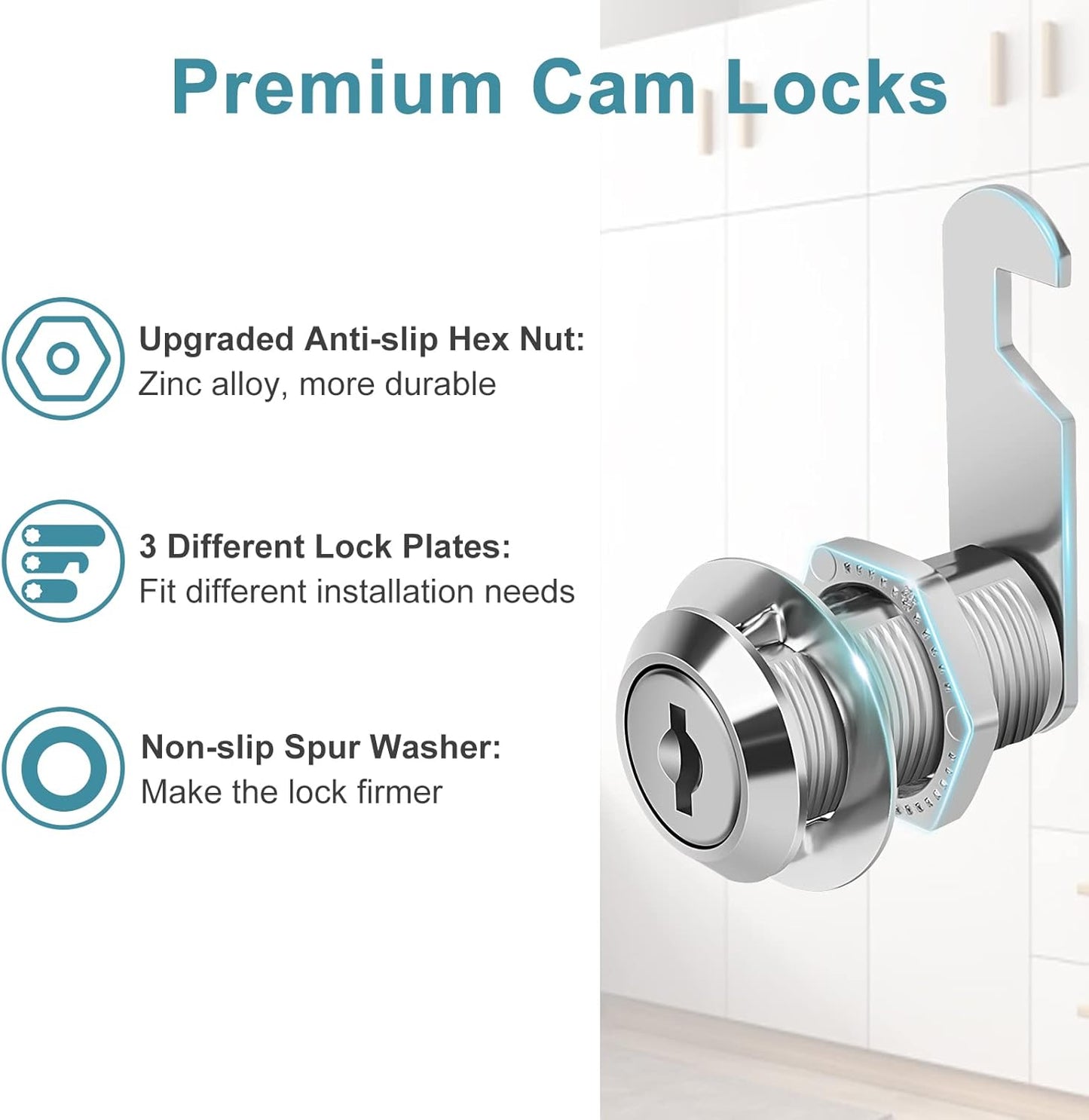 Cam Locks Cabinet Locks Keyed Alike, 1-1/8'' (Length) Cylinder Fits on 7/8'' Max Panel Thickness, Secure Files Drawers Mailbox RV Storage Locks Replacement Set, Zinc Alloy (1-1/8 Inch 6Pcs)