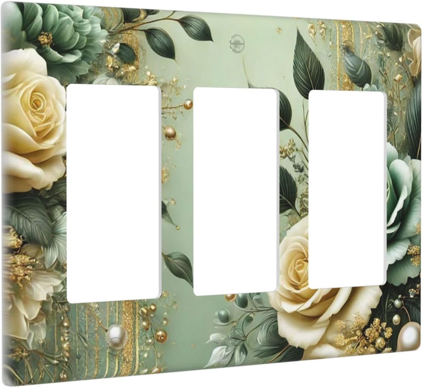 Decorative Outlet Covers Rustic Green Floral Leaves Teal Flowers Gold Stripe 3 Gang Wall Plate Triple Rocker Light Switch Cover Plate Jumbo Electrical GFCI Faceplate
