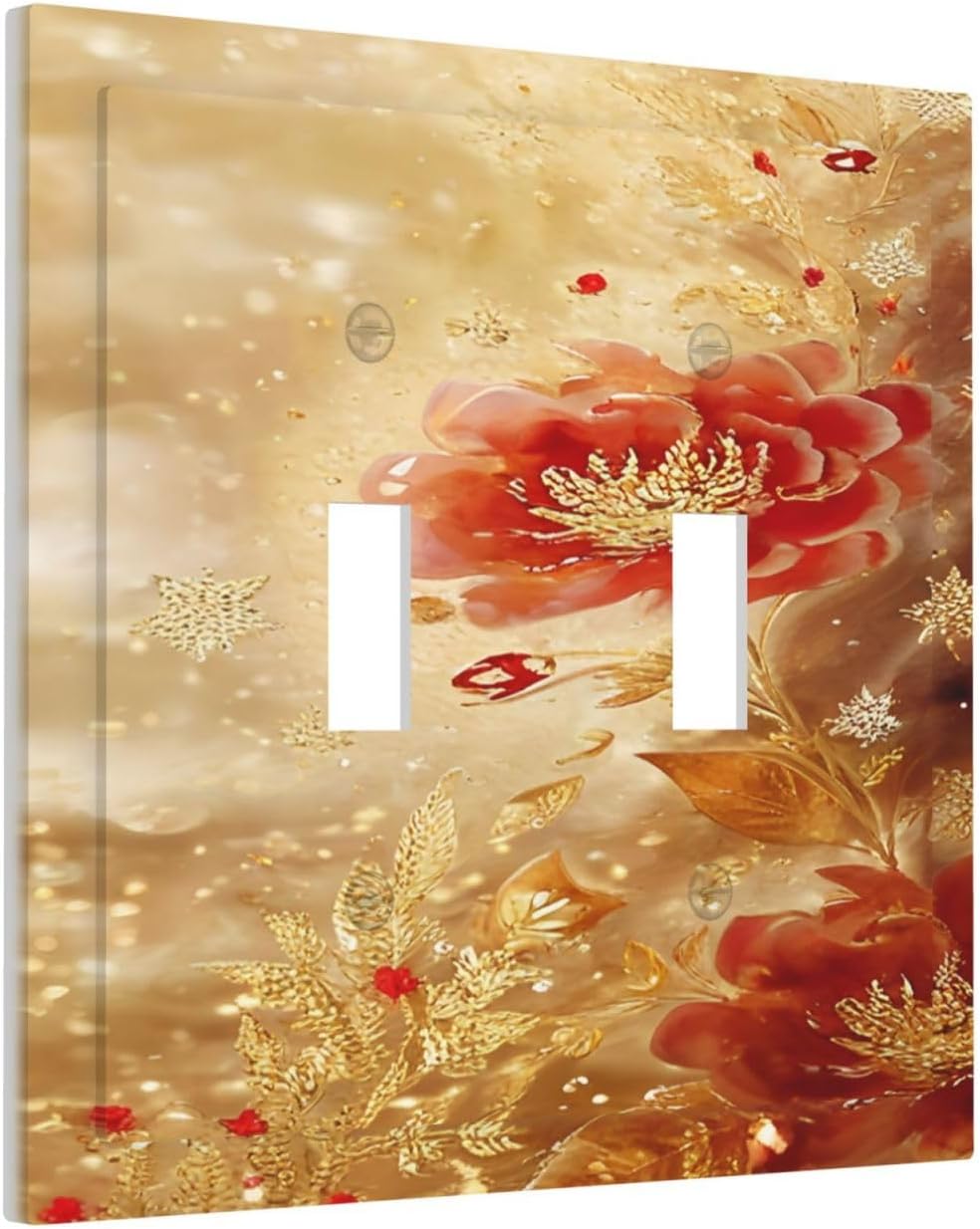 Decorative Light Switch Cover Plate Golden Leaf Red Peony Flowers Floral 2 Gang Wall Plate Oversized Double Toggle Two Switch Wall Cover Plate Dual Device Faceplate