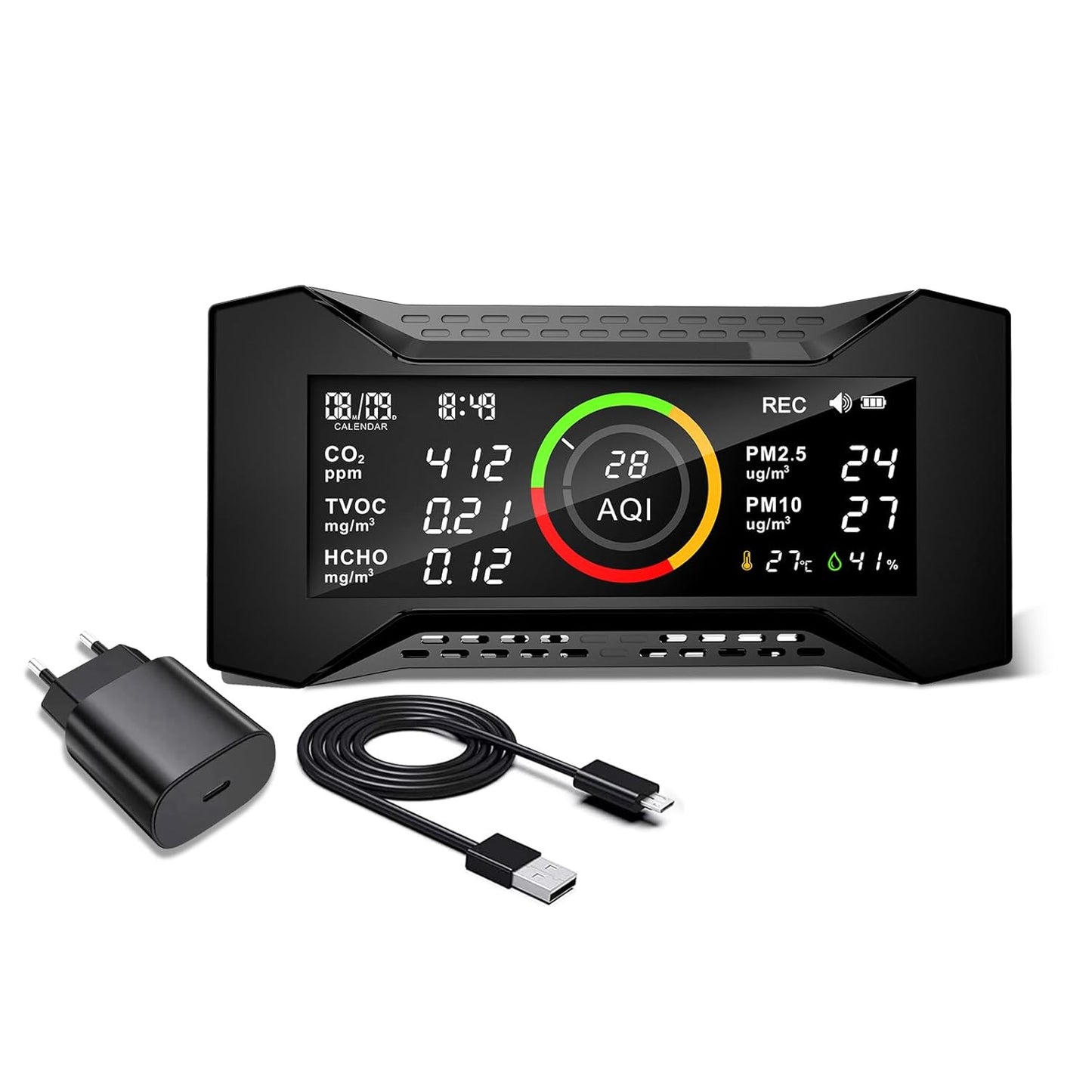 8-in-1 Air Quality Monitor Indoor, Portable Air Quality Tester CO2 Monitor (PM2.5, PM10, CO2, VOC, Formaldehyde, Humidity, Temp) 2600mAh Long-Lasting Battery Sleep-Friendly Display