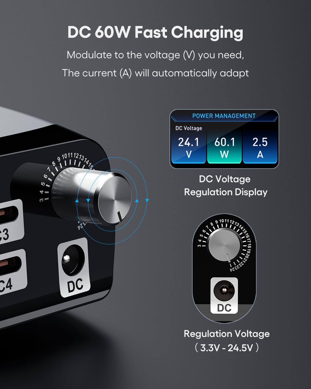 WOTOBEUS Charging Station (252W), 7-Ports (4 USB-C, 2 USB-A, 1 DC), Power Adapter with DC Power Supply Adjustable 3.3V~24.5V (0~60W) Converter and LED Display, for iPhone Laptops Monitor Electronics