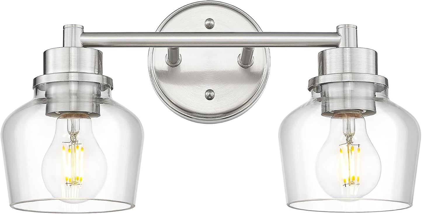 Emak 2-Light Vanity Lights, Brushed Nickel Bathroom Lights Over Mirror with Clear Glass Shade, Modern Bathroom Wall Sconces, VL122-BN-CG-2