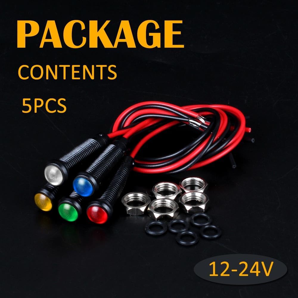 5pcs 6mm LED Indicator Light Plastic Black Signal Dot Lamp 110-220VAC 1/4" Mounting Hole Size with 15cm/5.9in. Wire (Mix:Red White Yellow Blue Green)