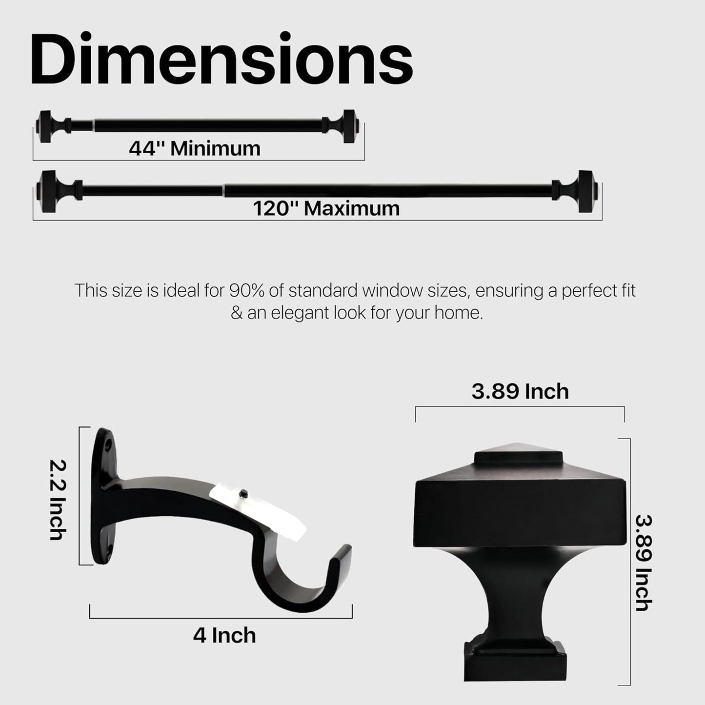 Deco Window Adjustable Curtain Rod for Windows 44 to 120 Inch (Pack of 1) Extendable Heavy Duty 3/4 Inch Iron Drapery Pole with Finials Wall Mounted French Door Curtain Rods (Black)