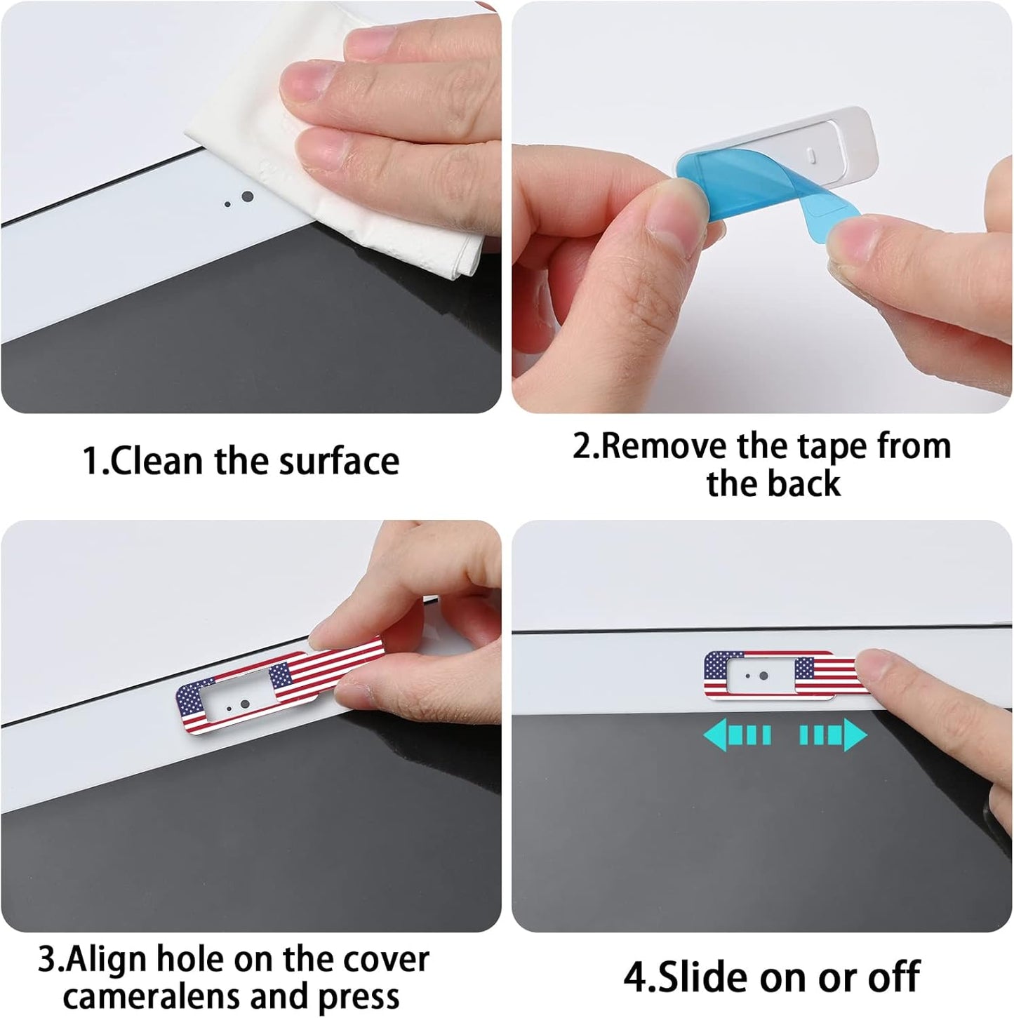 Webcam cover, 3 pieces, laptop camera cover, privacy shielding capacity is twice as big as the traditional, suitable for computer mobile phones, laptops, tablets and so on (American flag)