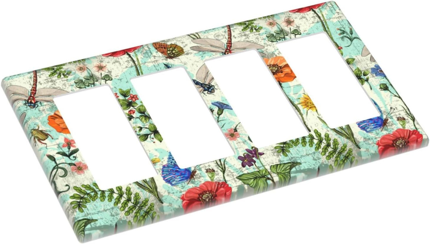 Dragonflies Flowers Butterfly 4 Gang Quad Rocker Outlet Light Switch Cover Decorative Wall Plate Cover For Home Living Bedroom Kitchen Decorative