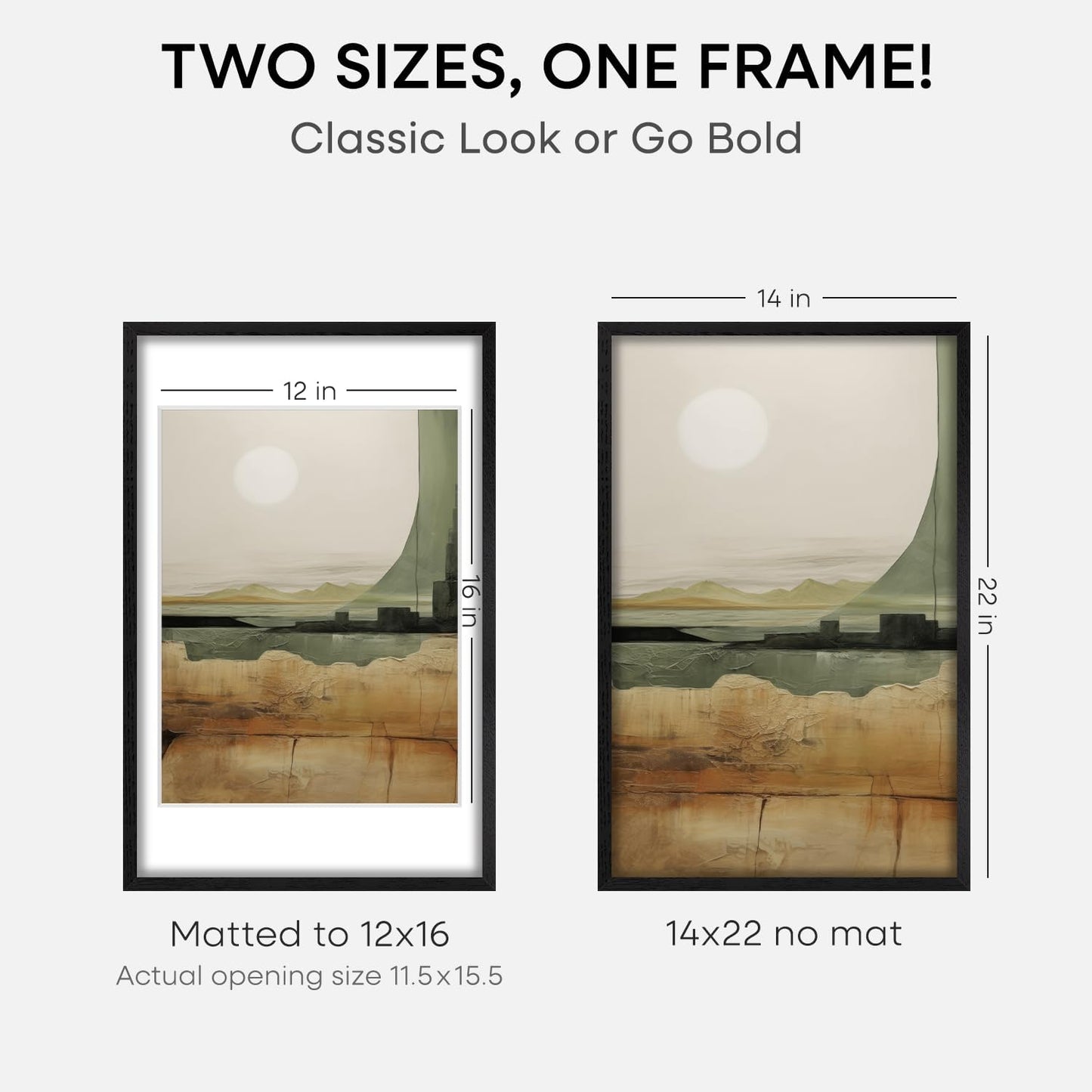 Homeforia 14x22 Frame Black Wood, High End Oak 14x22 Picture Frames with Mat 12x16 Photo, 14 x 22 Wooden Poster Frame Matted to 12 by 16 Print, 22x14 Hanging Frames, Tempered Glass, Wall Kit, Set of 3