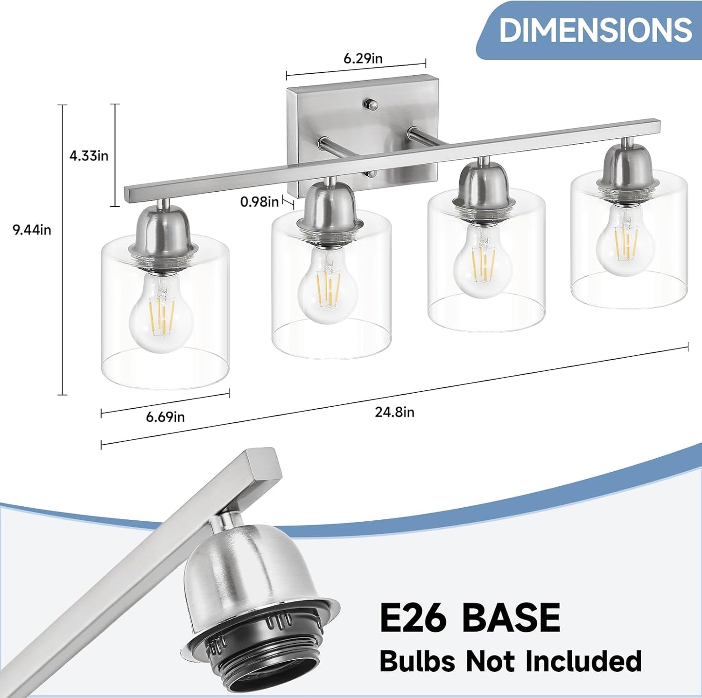 Modern Brushed Nickel 4 Light Bathroom Light Fixtures, 24 inch Vanity Lights for Bathroom with Clear Glass, Vanity Lights for Mirror Kitchen Living Room Hallway Cabinet Porch