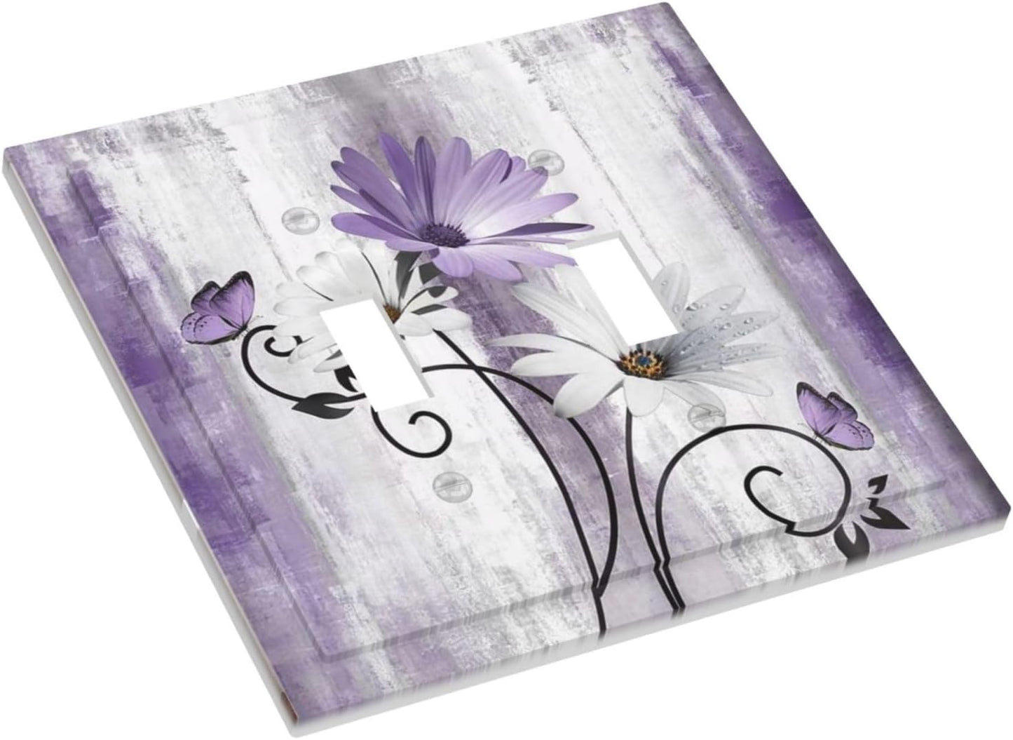 Decorative Light Switch Plate Covers Rustic White Purple Daisy Floral Flower 2 Gang Wall Plate Double Toggle Switch Cover Plate Electric Dual Device Electrical Faceplate for Bedroom Decor