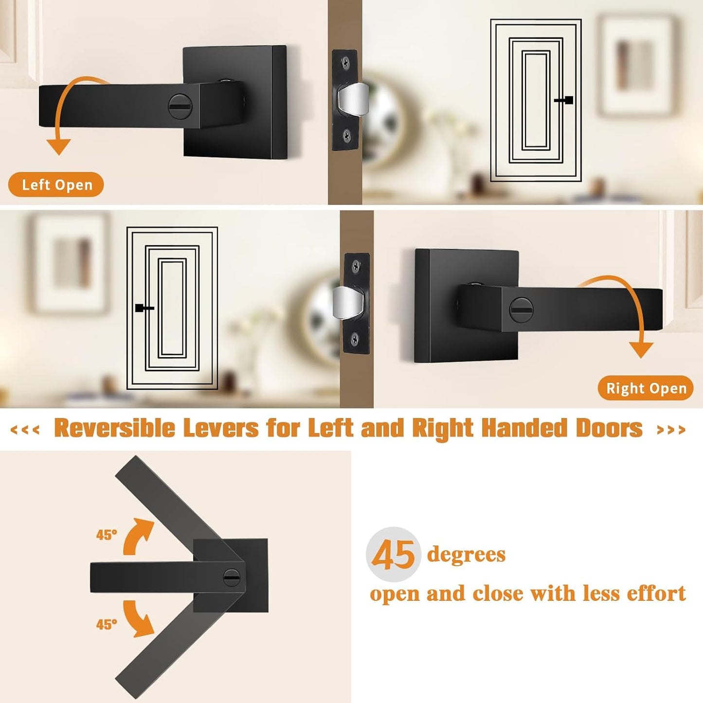 Probrico 10 Pack| Matte Black Square Privacy Door Levers Bed Bath Door Handles, Heavy Duty Interior Keyless Door Locks for Left or Right Sided Doors