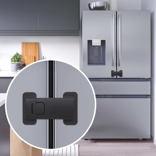 Fridge Locks for Kids, Child Proof Refrigerator Lock, Baby Safety French Fridge Door Lock, Child Cabinet Locks with Strong 3M Adhesive, No Drill, Tool-Free Install (2 Pack, Black)