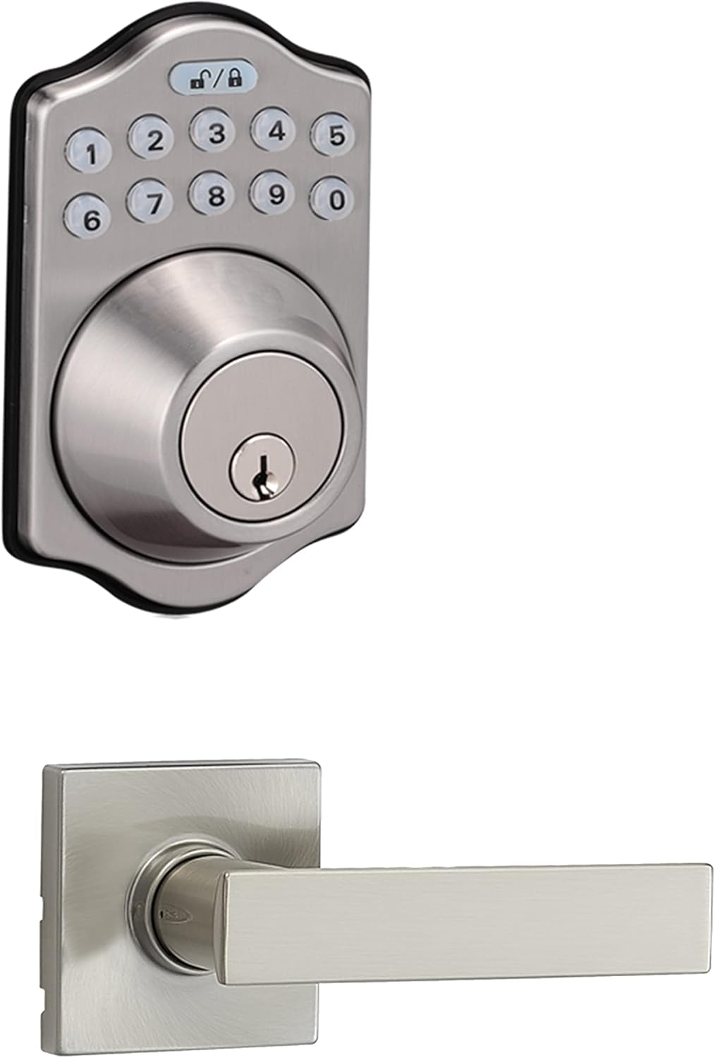 Amazon Basics Traditional Electronic Keypad, Keyless Entry Door Lock Deadbolt with Handle Set, Key Pad Front Door with Knob, Traditional Door Locks for Front Door, Door Handle, Satin Nickel, 1-Pack