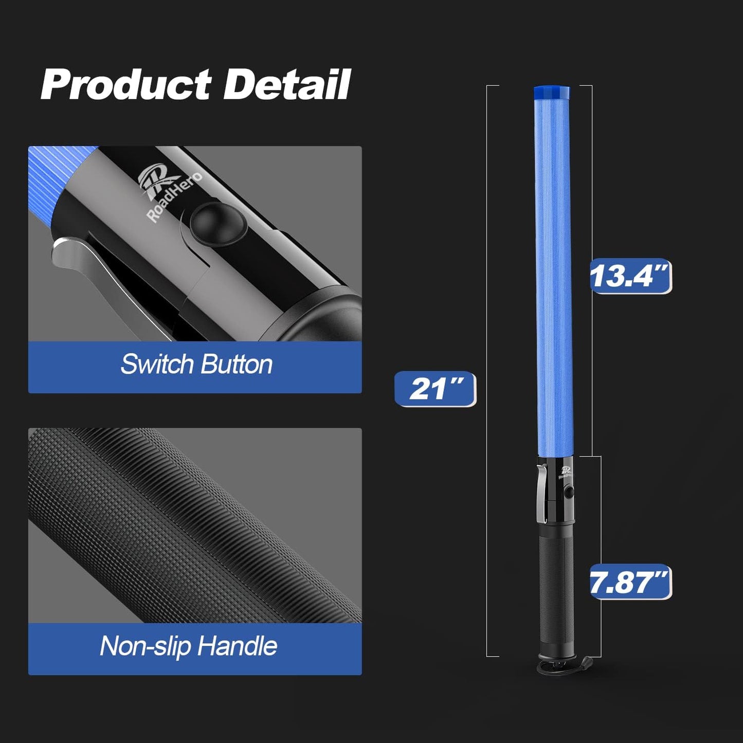 RoadHero 21 Inch Traffic Wands, Blue LED Traffic Control Baton with 2 Flashing Modes, Night Safety Light Wand with Side Clip for Parking Lot