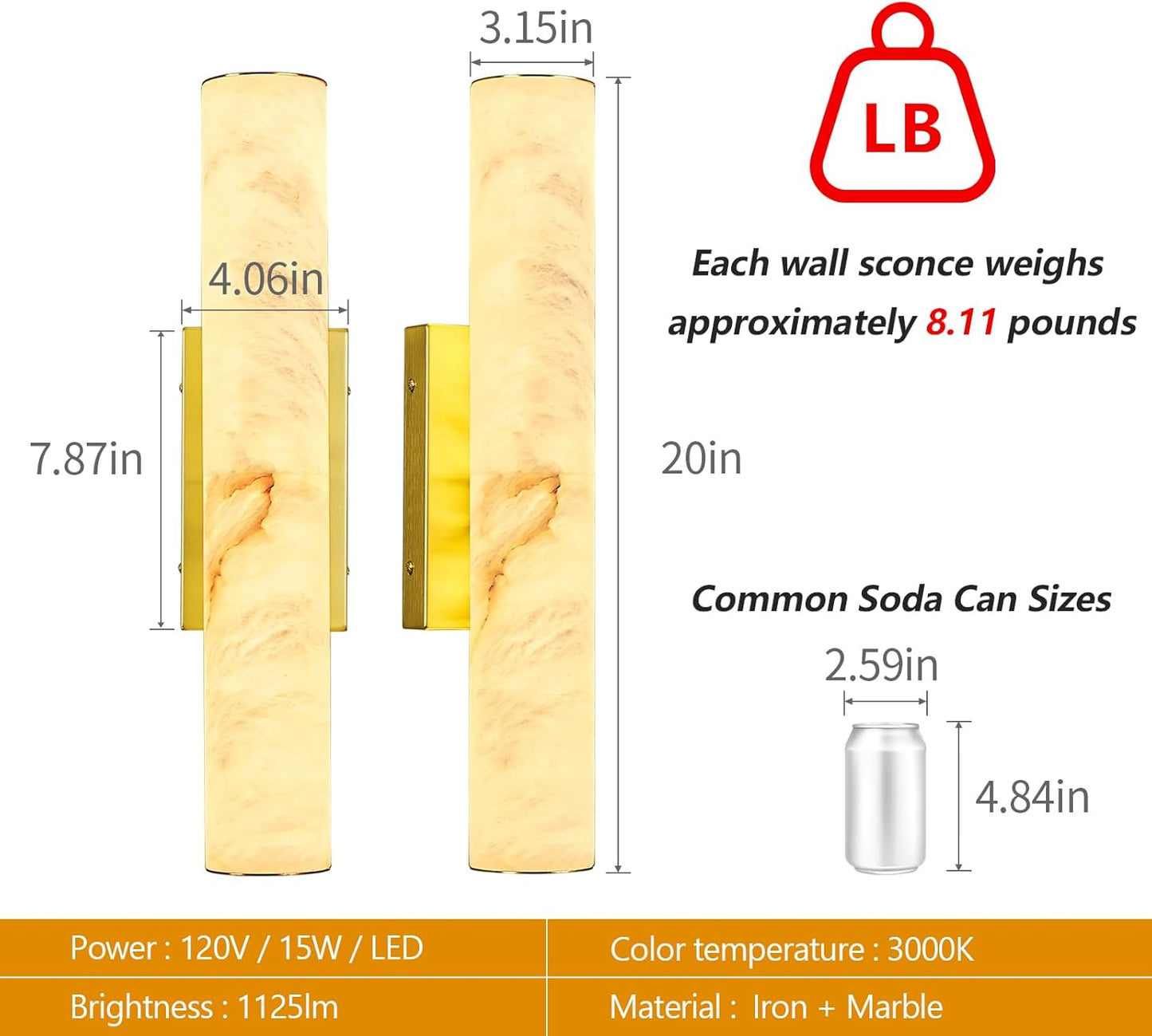 LMQNINE Natural Alabaster Wall Sconces Spanish Marble Wall Light Cylinder Modern Gold LED Sconce for Living Room Bedroom Bathroom Stairs（S-1Pack）
