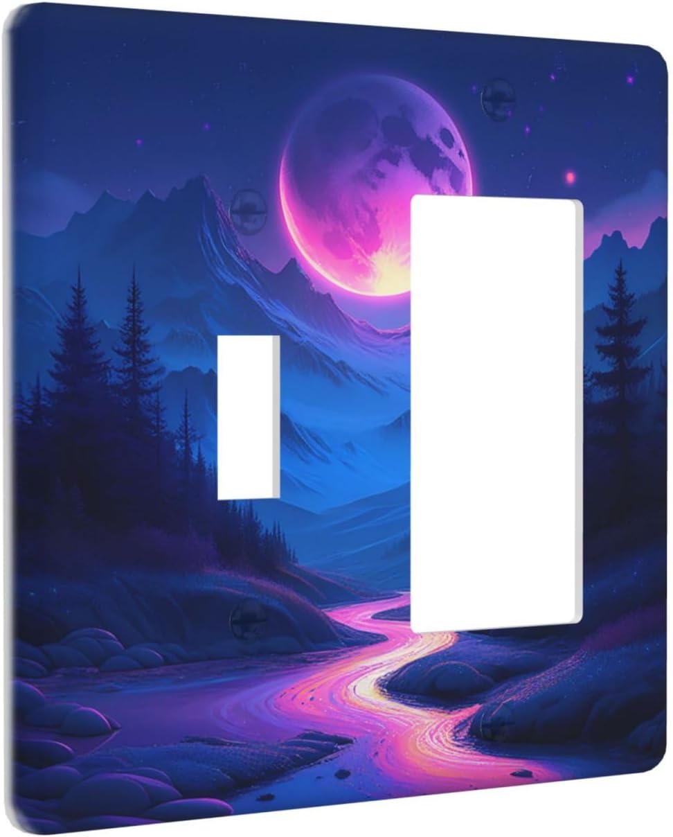 Purple Cyberpunk River Full Moon Mountain Forest Outlet Covers 1 Toggle 1 Rocker Combination Light Switch Cover Plate Decorative Wall Plate Electrical Switch Plates for Bedroom Bathroom