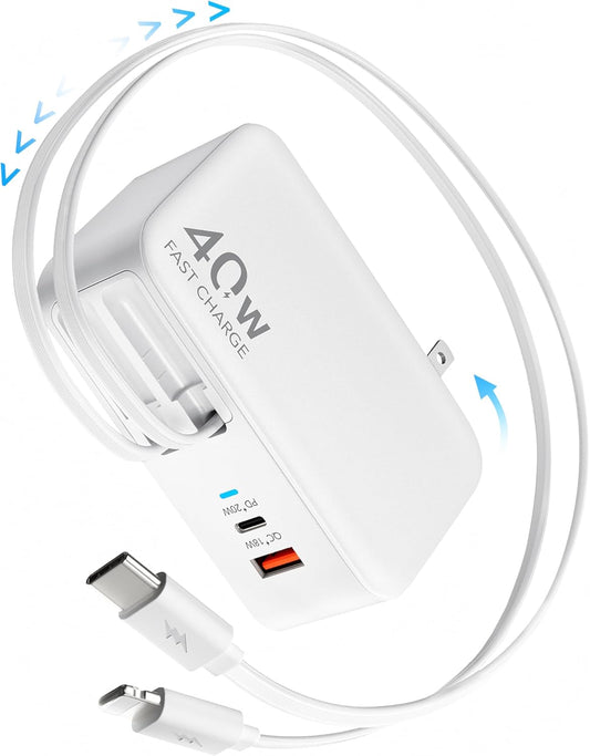 4-in-1 Retractable Gan Wall Charger Plug for iPhone 17 USB C,Travel Essentials Brick Multiport,3ft Lightening+ Type C Cables,40W Fast Charging Foldable Block for iPhone 17 Pro/16/15/14/13,iPad,Galaxy