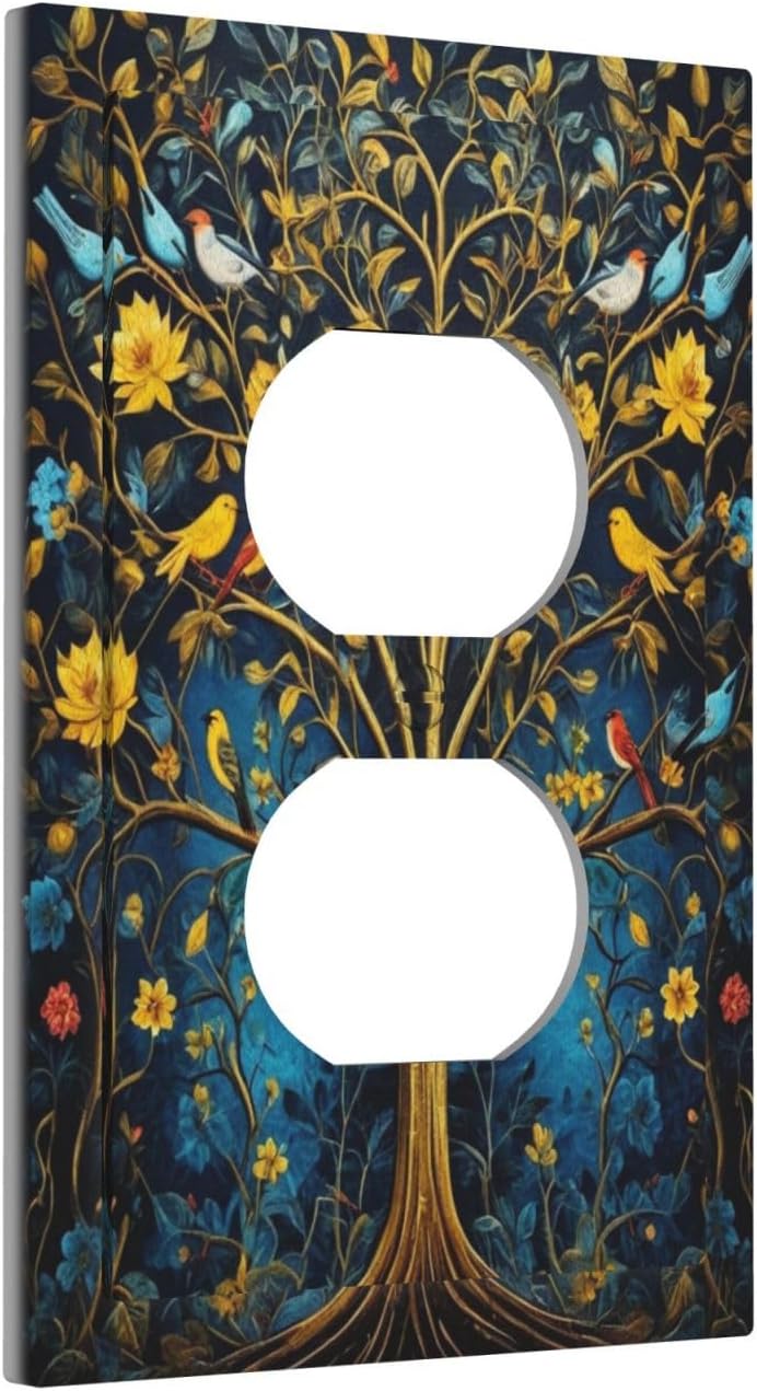 Gold Tree With Birds Flowers on Branches Light Switch Cover 1 Gang Outlet Plate Single Duplex Wall Plate Covers Decorative Switchplate Covers Electrical Faceplate for Home Decor