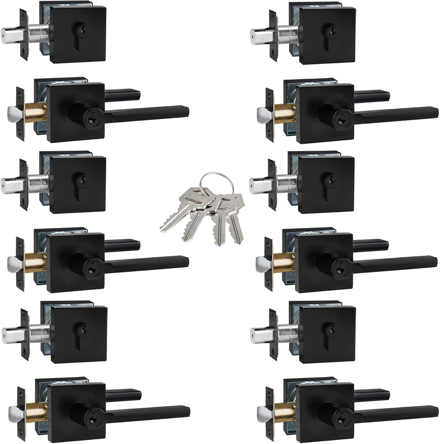 Keyed Alike(All Same Keys) Keyed Entry Door Lever with Single Cylinder Deadbolt Combo, Front Door/Exterior Door Handleset, Matte Black, 6 Set