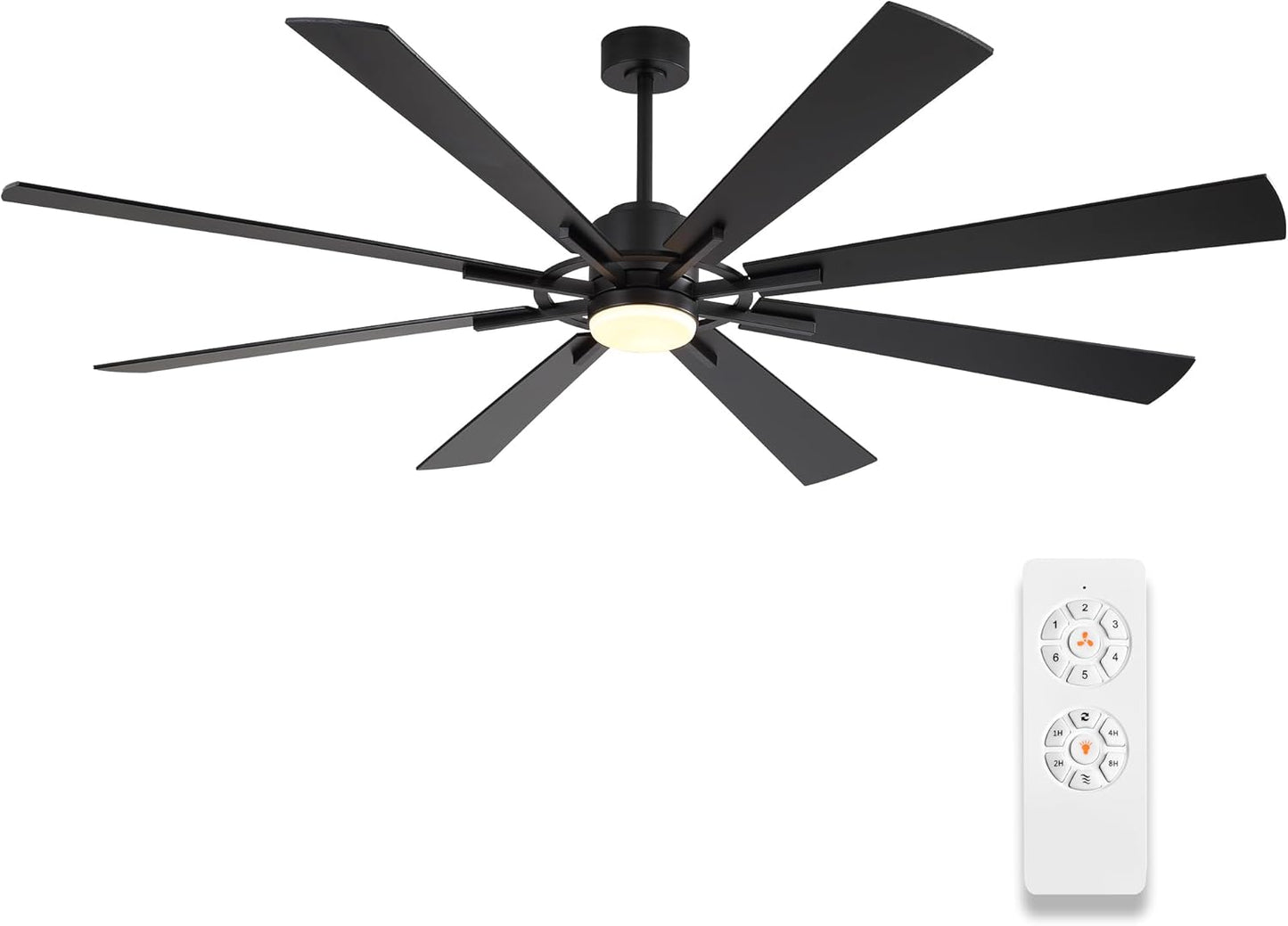 WINGBO 80" DC Ceiling Fan with Lights and 3 Downrods, Matte Black Ceiling Fan, 8 Plywood Blades, 6-Speed Reversible DC Motor, Large Ceiling Fans for Kitchen Bedroom Living Room