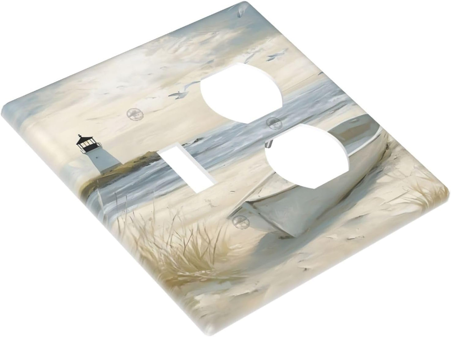 Decorative Outlet Covers Seascape Painting with Lighthouse Boats 2 Gang Wall Plate Single Toggle Duplex Combo Light Switch Covers Switch Plate Cover for Bedroom Home Decor