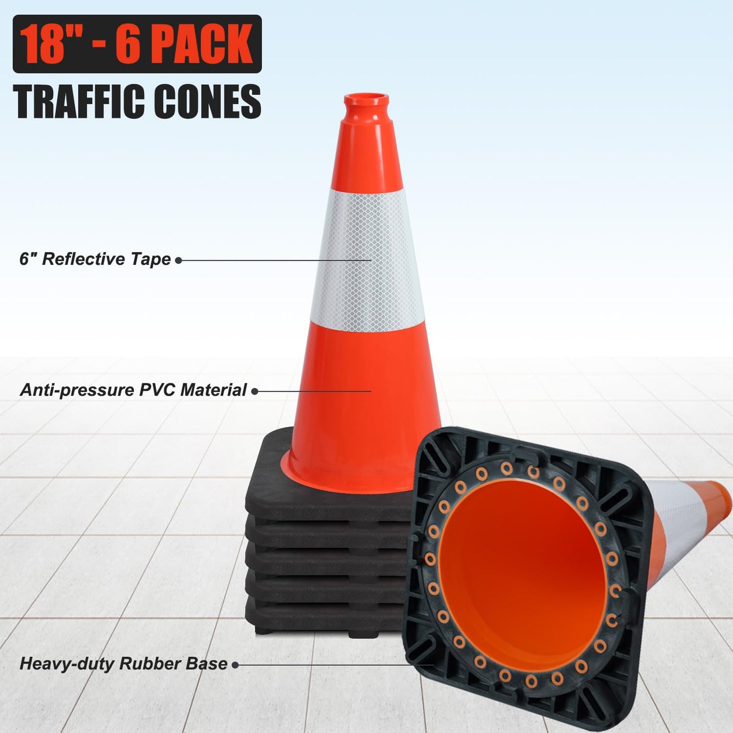 6 Pack 18" Inch Orange PVC Traffic Cones with Heavy-Duty Base, High-Visibility All-Weather Safety Cones for Road Construction, Parking Lot, and Garage Use (6, Orange, 18" Medium)