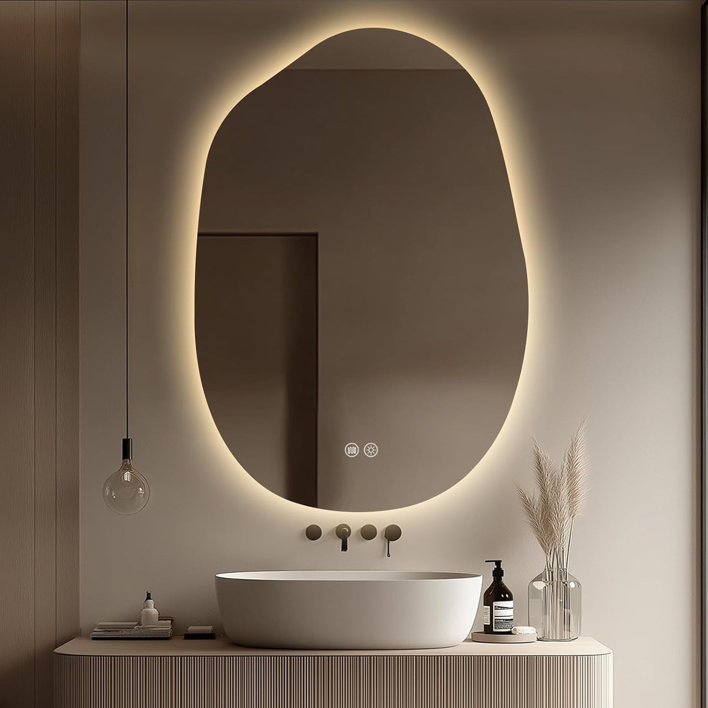 LED Bathroom Mirror with Lights 26x38, Stepless Dimmable Irregular Backlit Mirror with 3 Colors, Anti-Fog, Memory, Al-Alloy Lampshade, Frameless Vanity Mirror for Bathroom (Horizontal/Vertical)
