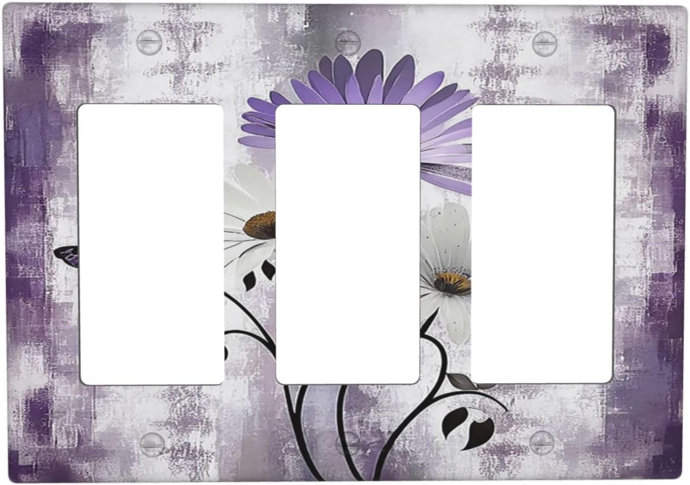 Purple Daisy White Floral Butterfly Flowers Triple Rocker Light Switch Covers 3 Gang Outlet Cover Wall Plates Decorative Switch Plates Electrical GFCI Faceplate Switchplate for Home 4.49 X 6.38 IN