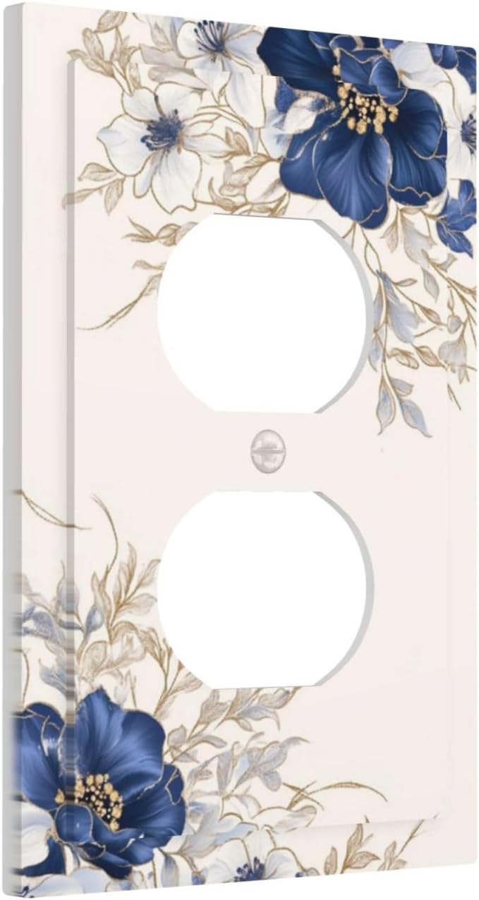 Decorative Outlet Covers Rustic Blue Beige Flower Peony Floral 1 Gang Duplex Light Switch Cover Plate Unique Wall Plates for Electrical Outlets Switch Plate Covers for Bedroom Home Decor