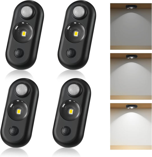 LED Motion Sensor Puck Lights, Small Rechargeable Under Cabinet Light, Dimmable Daylight White Closet Lights, Wireless Under Cabinet Lighting for Drawer, Kitchen (4 Pack)