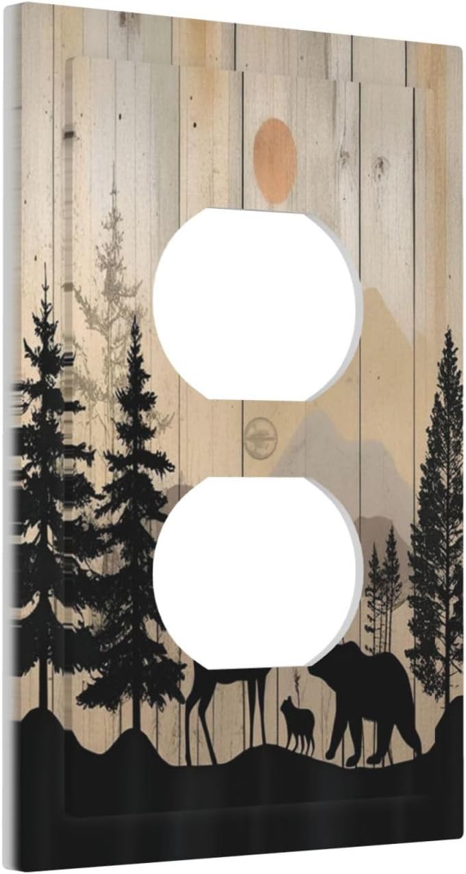 Outlet Covers Wood Board Wildlife Cute Bear Deer Forest Rustic 1 Gang Duplex Wall Plate Decorative Switch Plates Electrical Receptacle Faceplate Light Switch Cover for Bathroom Farmhouse
