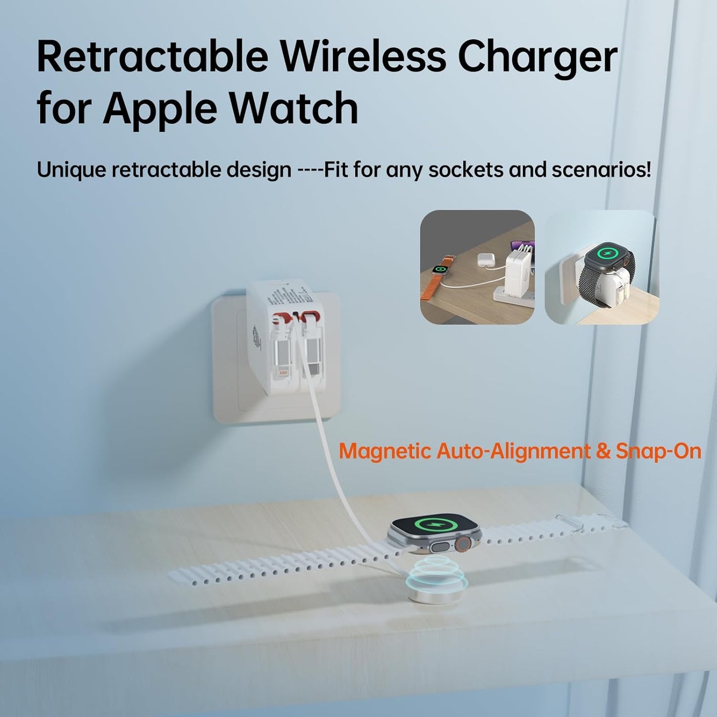 Retractable Apple Watch Charger, 5 in 1 Travel Charging Station for Apple Devices, Retractable Chargers for Multiple Devices with Multi Charging Cable, Charger Block for Apple Gear (White)