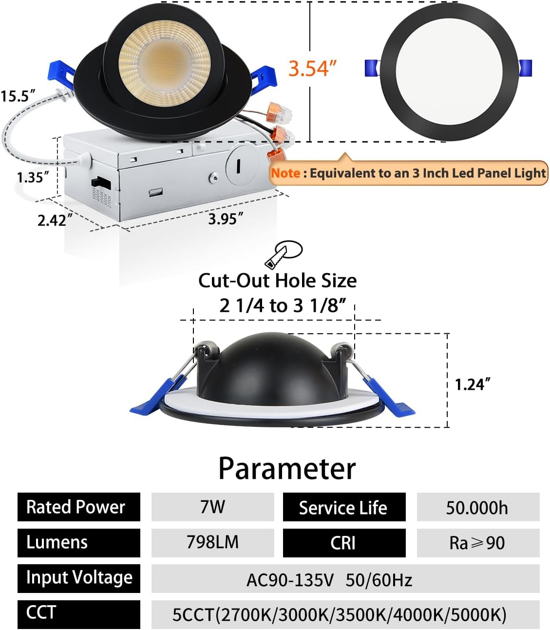 Adetu 3 Inch 5CCT Gimbal Black Led Recessed Lighting with Junction Box, 2700K/3000K/3500K/4000K/5000K, 7W Eqv 80W, 360°+90° Adjustable Led Recessed Lights, 798LM Brightness - ETL (Black, 6 Pack)