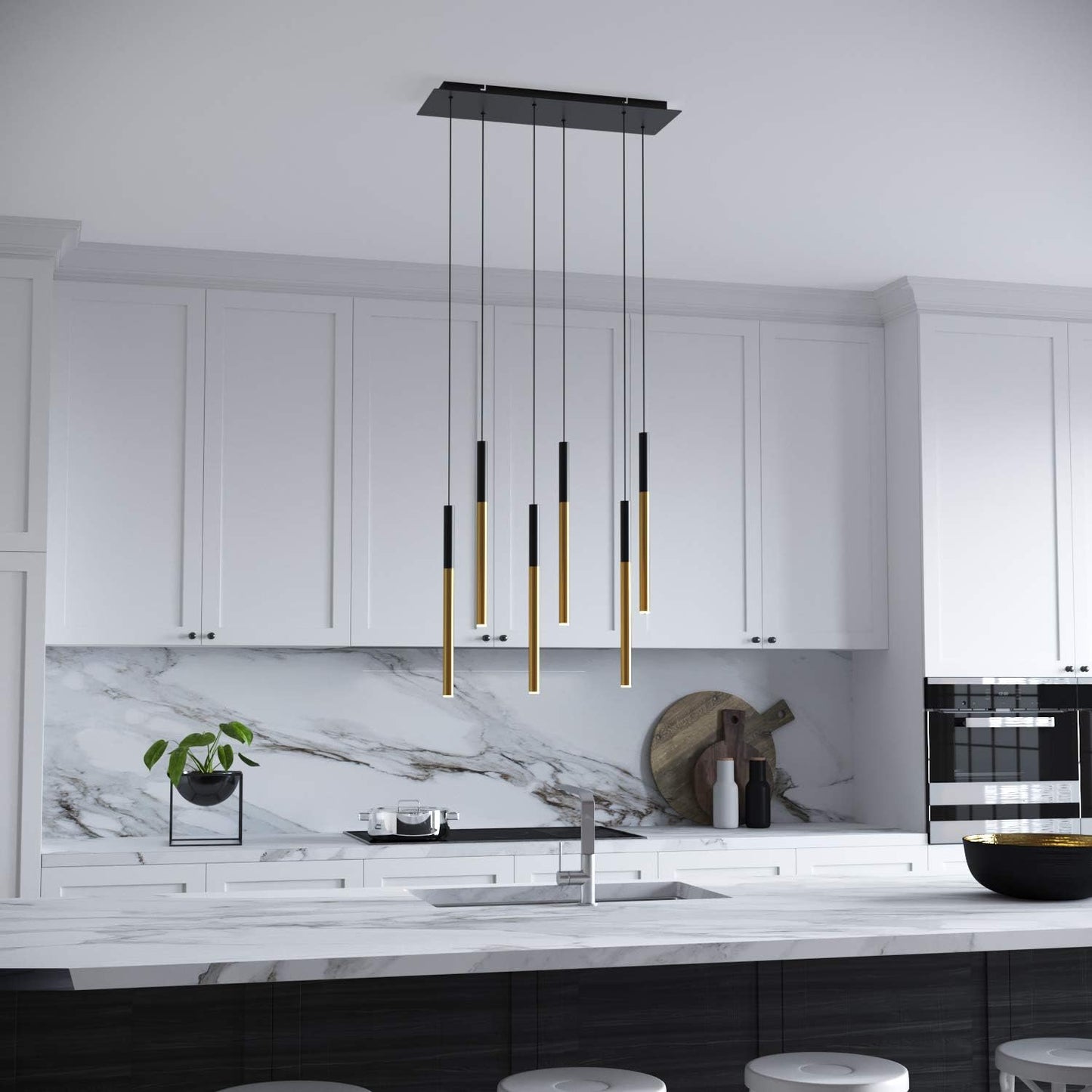 ALTAIR 6 Mini Pendant Lighting Black-Brass - LED Hanging Light Fixture for Kitchen Island, Bar, Foyer - Cluster Pendants - Dimmable, Adjustable Wire, Lamp Bulb Included