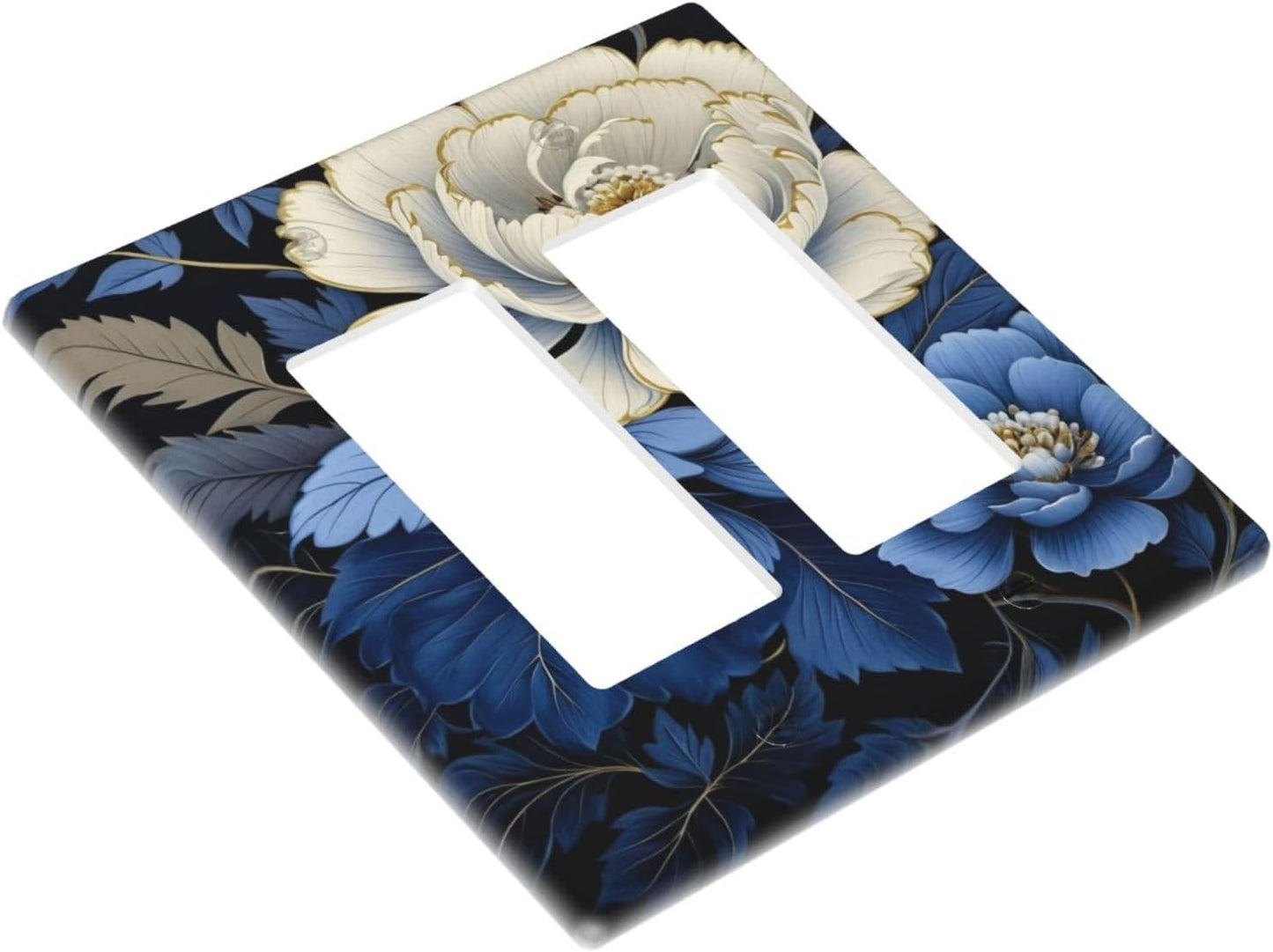 Blue White Flowers Dual Outlet Covers Wall Plate 2 Gang Rocker Decora Decorative Switchplate Electrical Faceplate GFCI Light Switch Covers for Farmhouse Living Decor