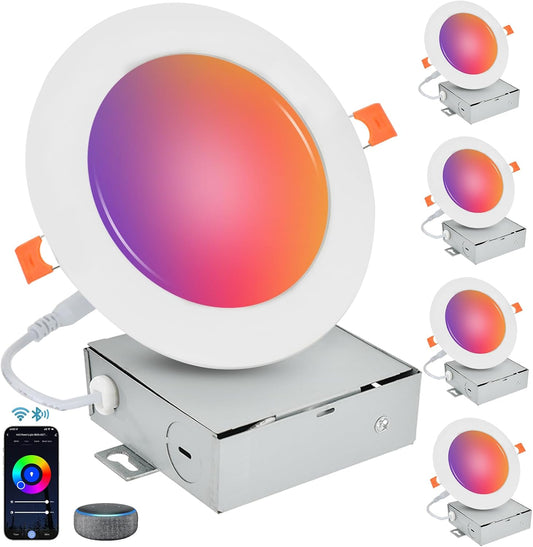 Homevenus Smart Recessed Lighting 4 Inch 9W 810LM Ultrathin Recessed Lights RGBCW Music Sync Color Changing Dimmable Canless Led Recessed Light Fixtures Compatible with Alexa/Google Assistant 4 Pack