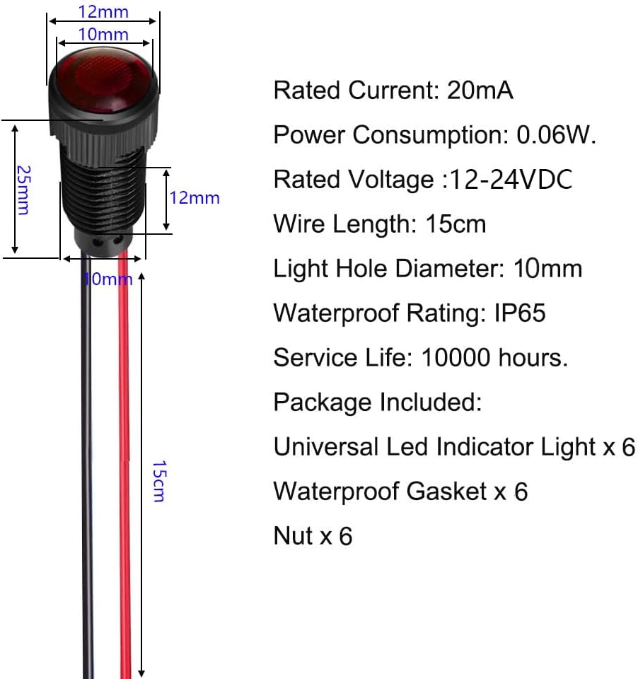 6pcs Red LED Indicator Pilot Light AC/DC 12-24V Mounting Hole Size 10mm(Flame Retardant Plastic Shell)