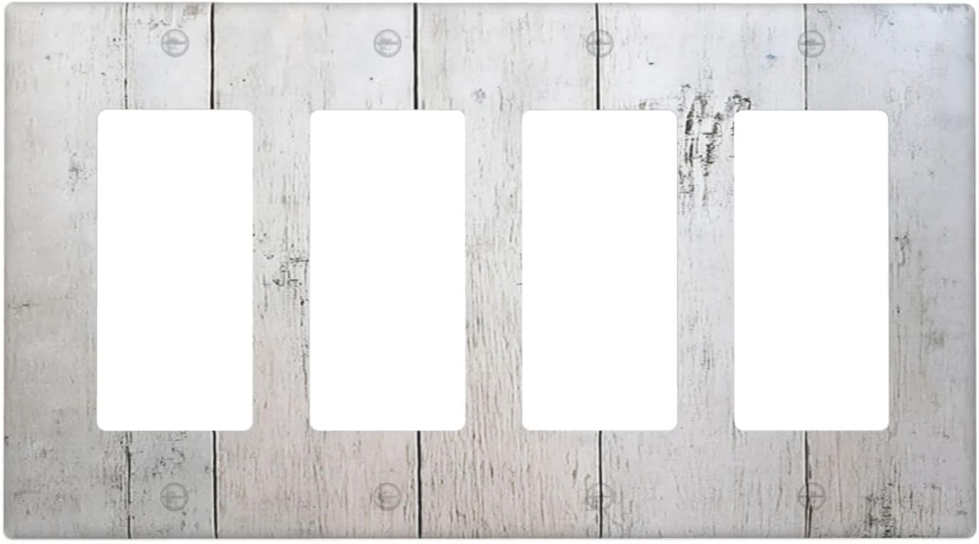 Rustic White Grey Wood Grain Wallplates 4 Gang Quad Rocker Decorative Light Switch Covers Electrical GFCI Faceplate Switch Plate for Bedroom Bathroom Decor