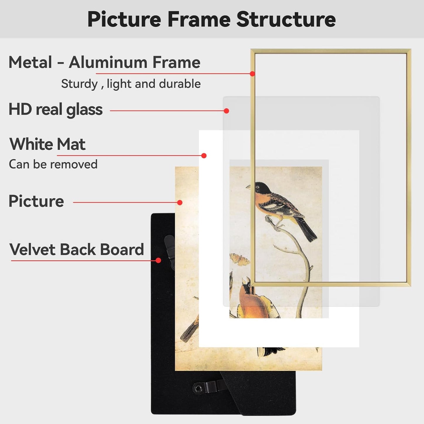 10x14 Picture Frame, Brass Aluminum Metal Photo Frames with HD Glass, Fits 8x10 with Mat or 10 x 14 without Mat, Display for Wall, 1 Pack