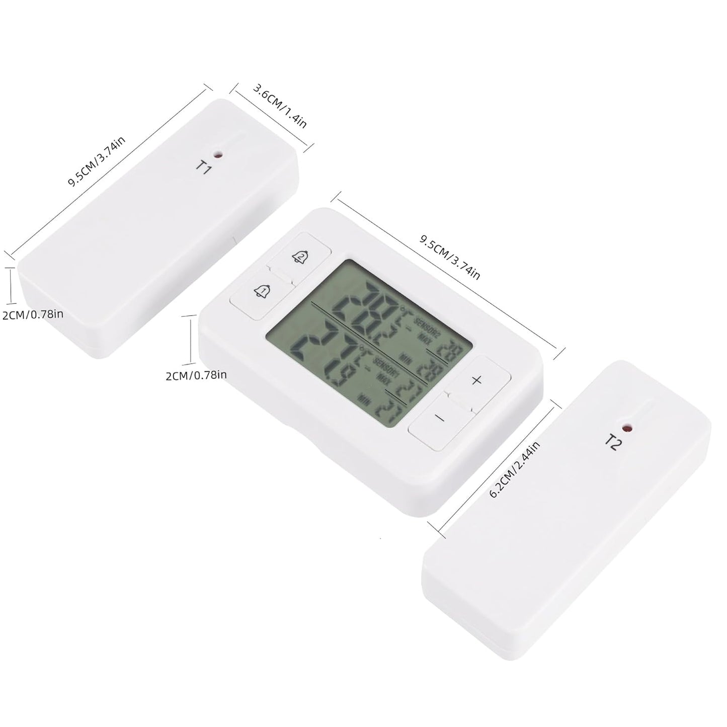 Refrigerator Thermometer, Digital Freezer Thermometer with 2 Wireless Temperature Monitor Sensors, Big LCD Display, Min/Max, Audible Alarm for Home Restaurants Fridge