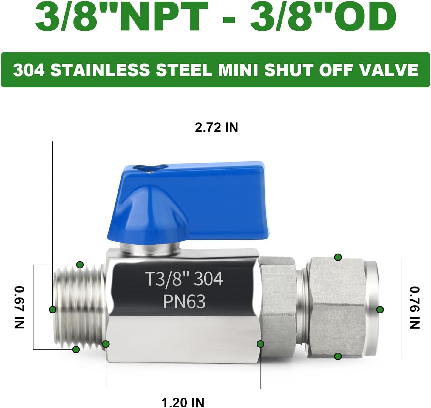TAISHER 1PCS 304 Stainless Steel Compression Mini Ball Valve Shut Off Switch, 3/8" Tube OD x 3/8" NPT Male