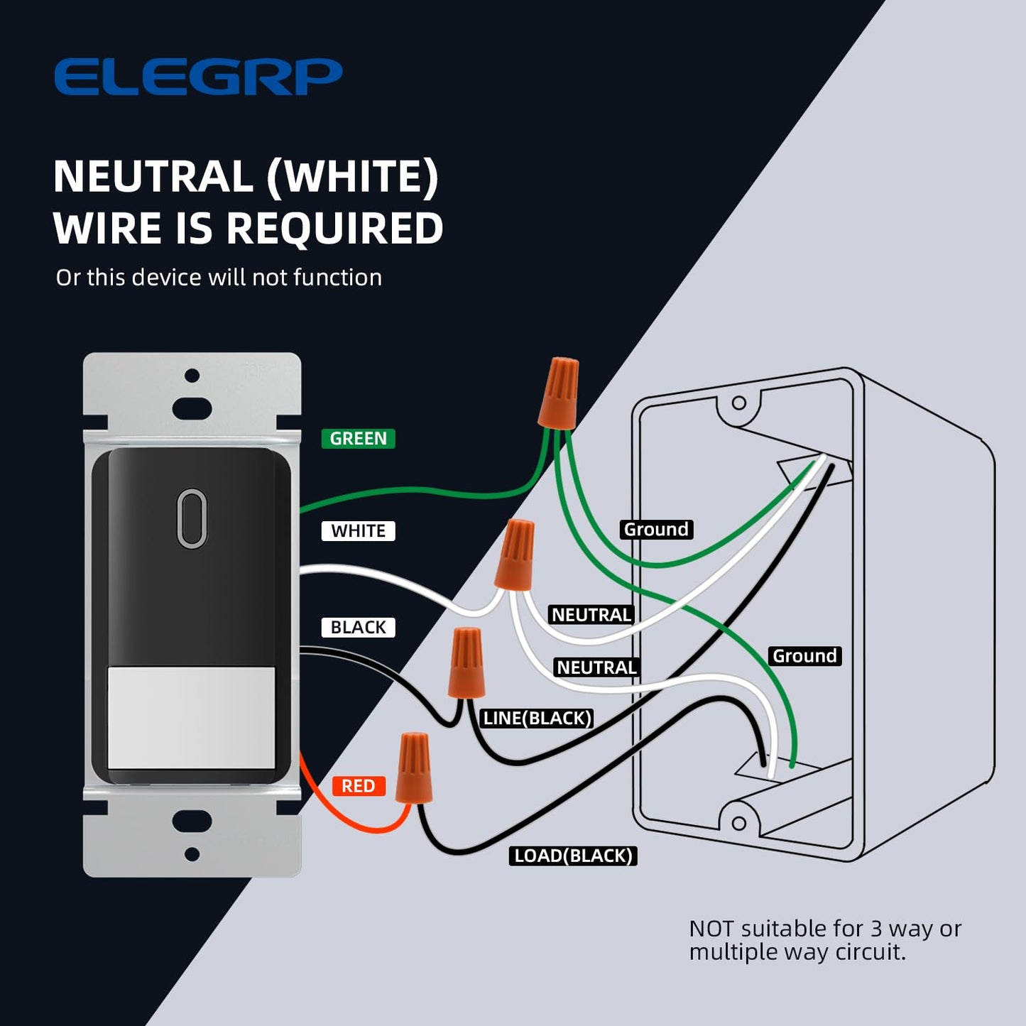 ELEGRP Matte Black Single Pole Occupancy Motion Sensor Light Switch, Need Neutral Wire, 120° Sensor Coverage PIR Infrared Motion Activated, for CFL/LED/MLV/INC/HAL/Fan, UL,1 Pack