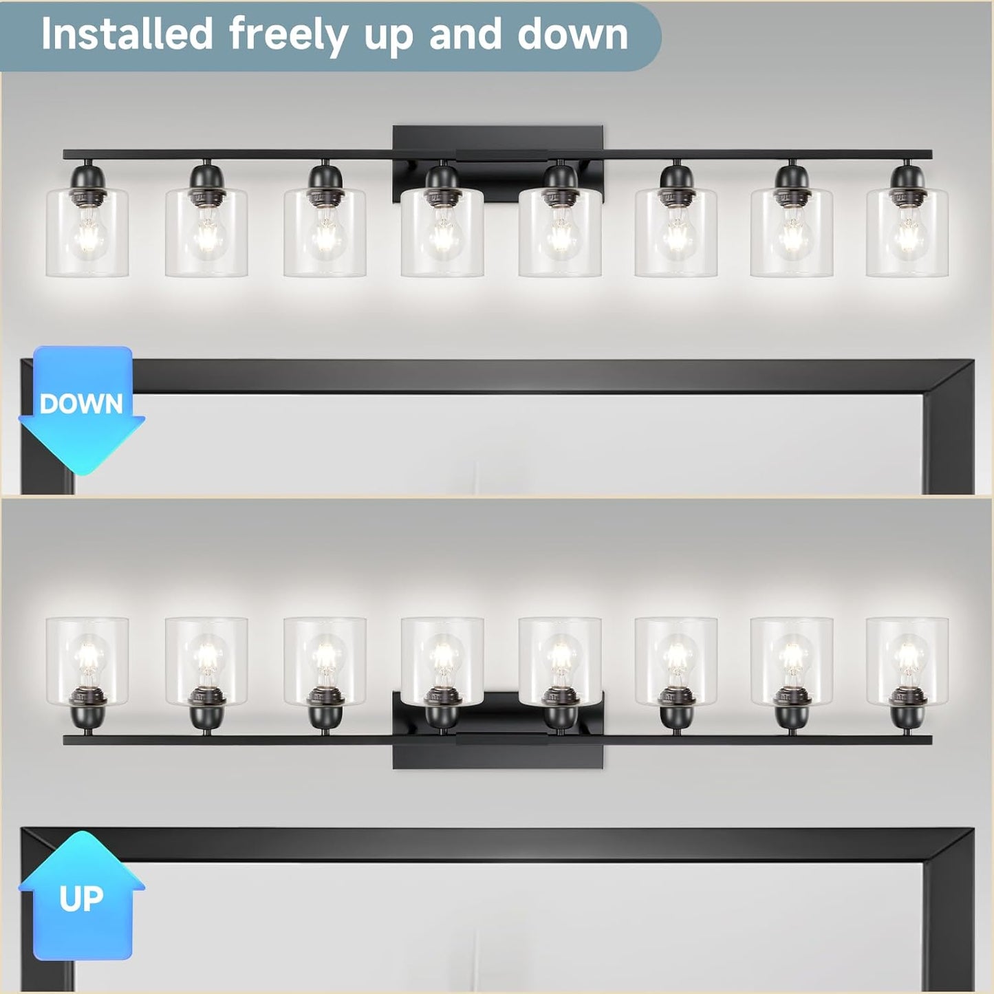 Modern 8 Light Bathroom Light Fixtures, 52 inch Vanity Lights for Bathroom with Clear Glass, Black Bathroom Light Fixture for Mirror Kitchen Living Room Hallway Cabinet Porch