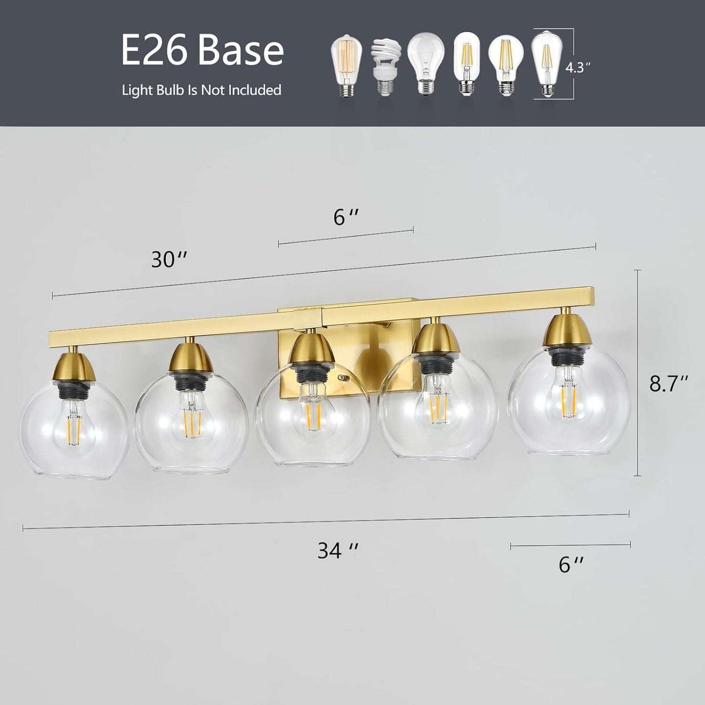 5-Light Bathroom Light Fixtures, Gold Vanity Light with Ultra-Clear Hand-Blown Glass, Durable & Scratch-Resistant, Wall Lamp for Mirror, Bedroom, Hallway