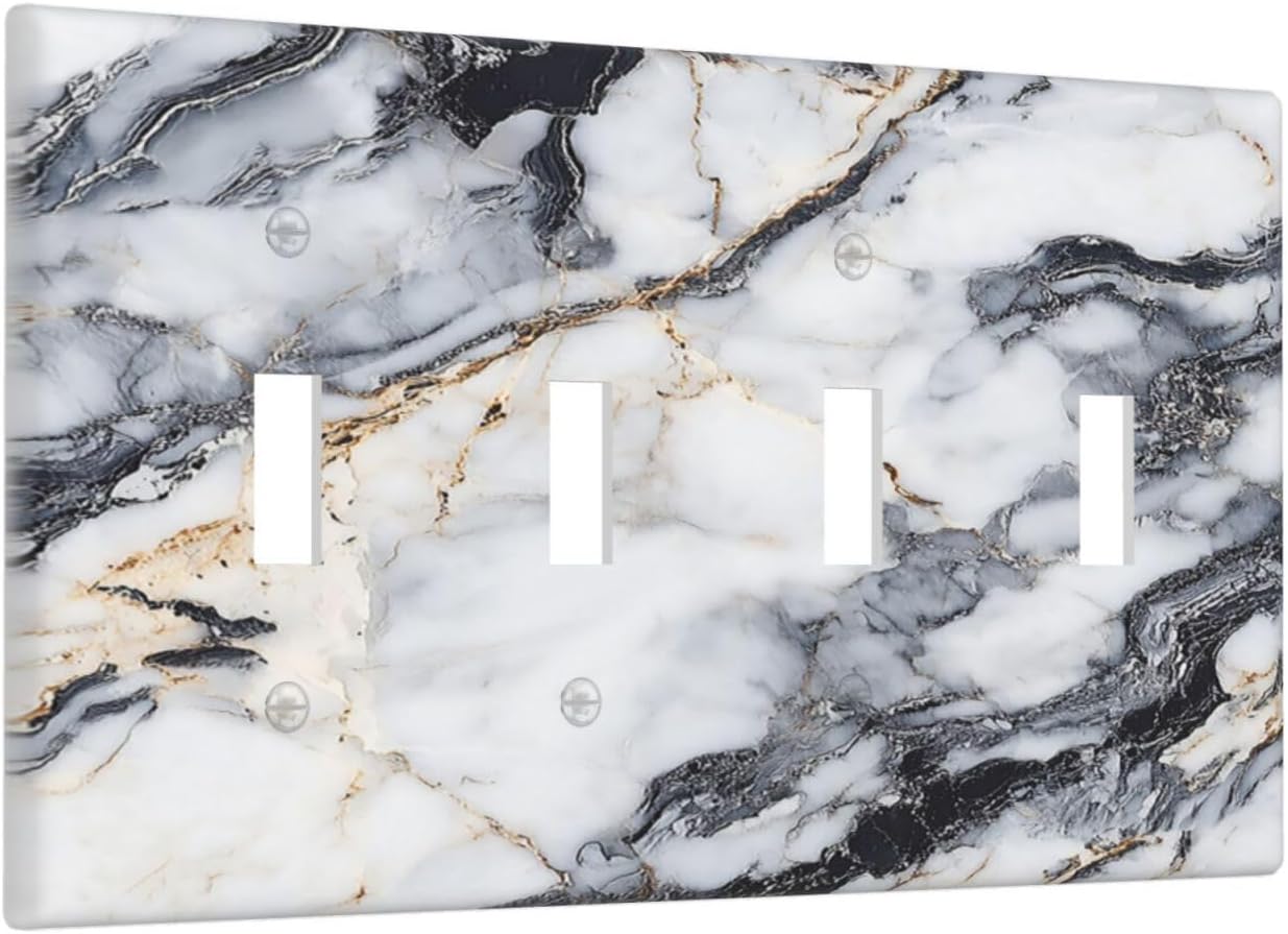 Light Switch Cover Plate Black Gold Marble Abstract Modern Luxury 4 Gang Quad Toggle Wall Plate Electrical Outlet Cover Decorative Switch Plate Covers for Bedroom Home Decor
