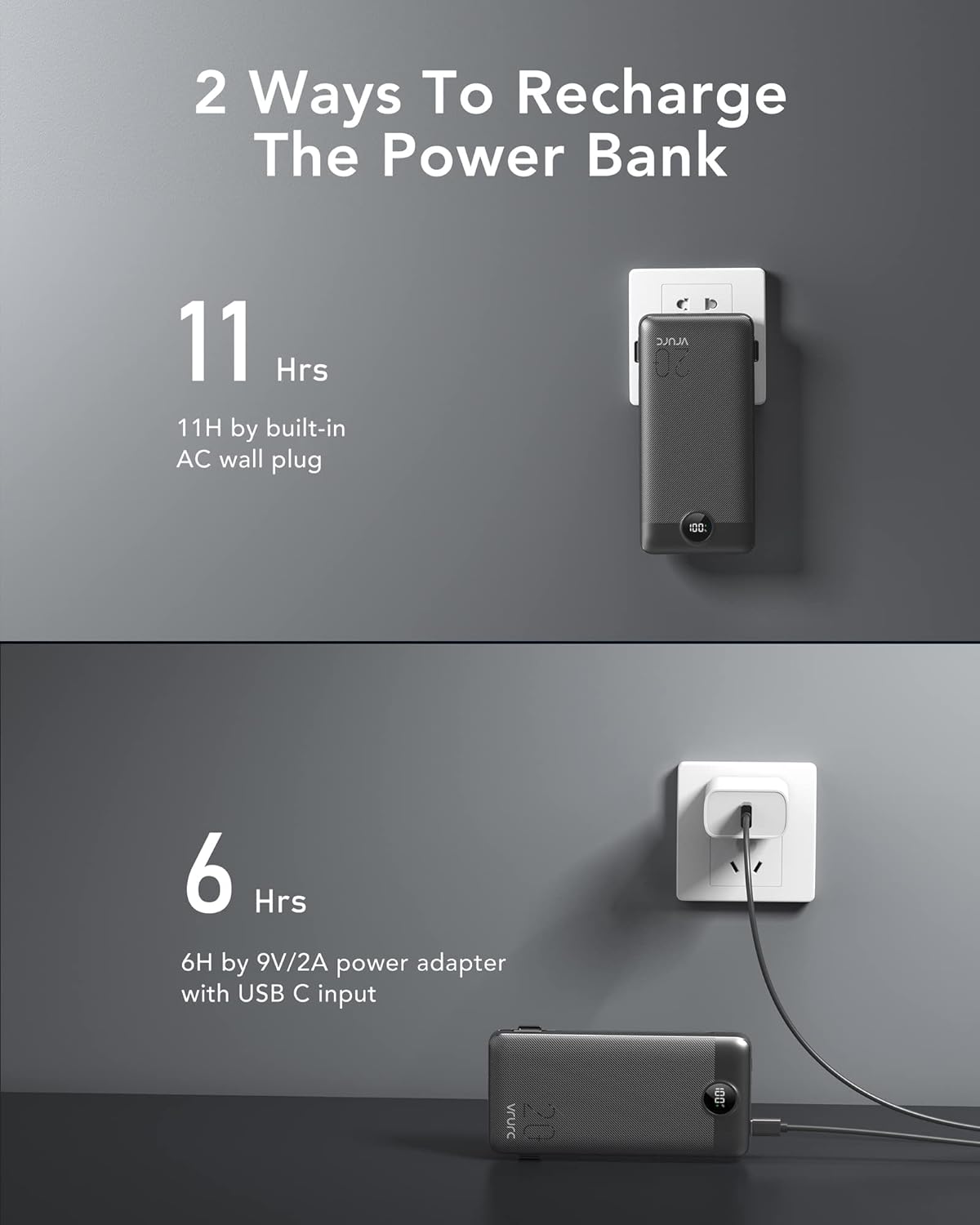VRURC Portable Charger 20000mAh, Fast Charging Power Bank USB C,4 Output 2 Input Travel Essentials Charging Bank Equipped with LED Display,Built-in Wall Plug and Cables,Phone Charger Battery,Black